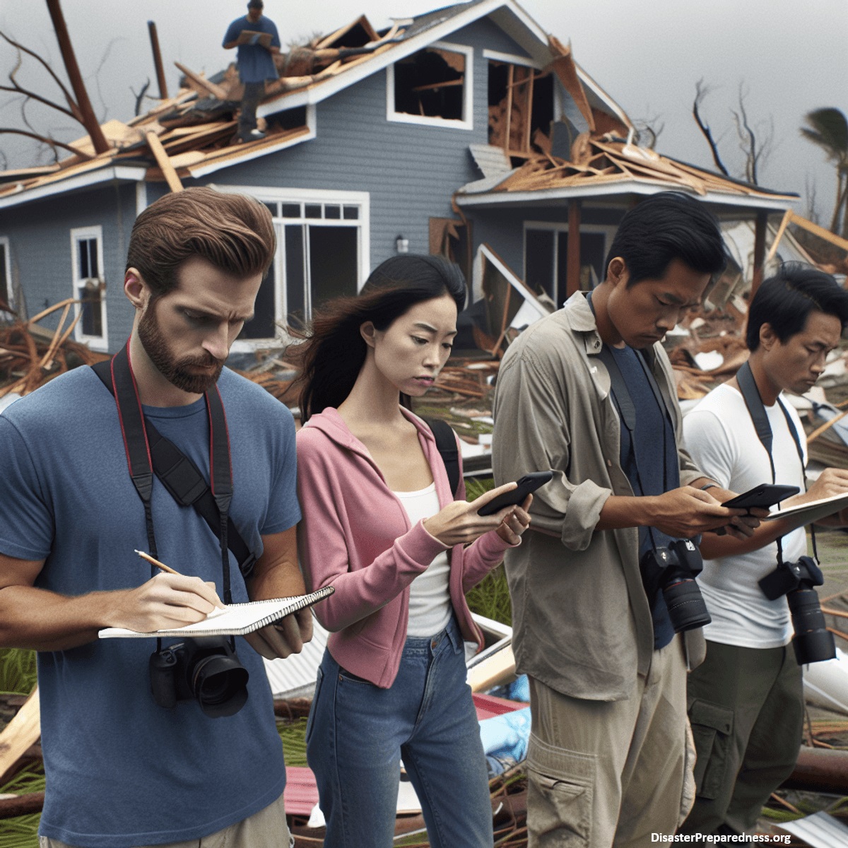 People documenting the damage done after a hurricane to submit claims to their insurance companies.